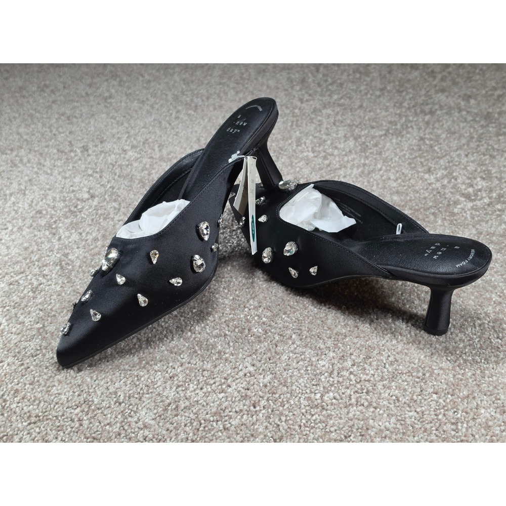 A New Day Katia Black Satin Rhinestone Pointed Toe Kitten Heel Mules Women 9 NWT - Picture 4 of 8